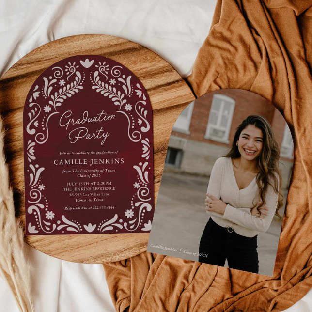 Invitation Bourgogne Mexicaine Papel Picado Photo Graduation (Burgundy Graduation Party Photo Invitation)