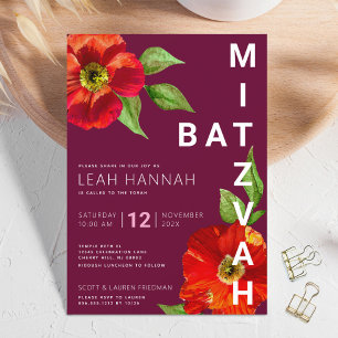Invitation Bourgogne Moderne Bat mitzvah Floral Aquarelle
