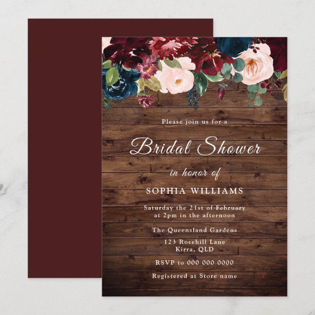 Invitation Bourgogne, Navy Blush Rustic Wood Fête des mariées (Devant / Derrière)