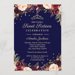 Invitation Bourgogne Navy Élégant Floral Sweet Sixteen
