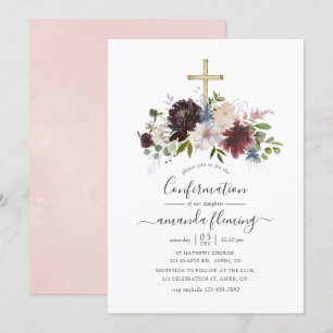Invitation Bourgogne, Navy et Floral Blush de Confirmation