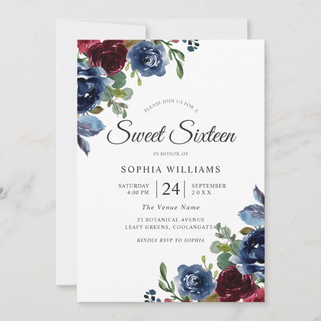 Invitation Bourgogne & Navy Fleurs d'Indigo Sweet 16 (Devant)