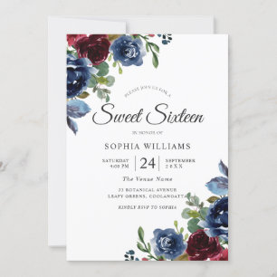 Invitation Bourgogne & Navy Fleurs d'Indigo Sweet 16