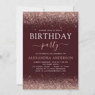 Invitation Bourgogne N'importe quel âge Anniversaire Rose Gol
