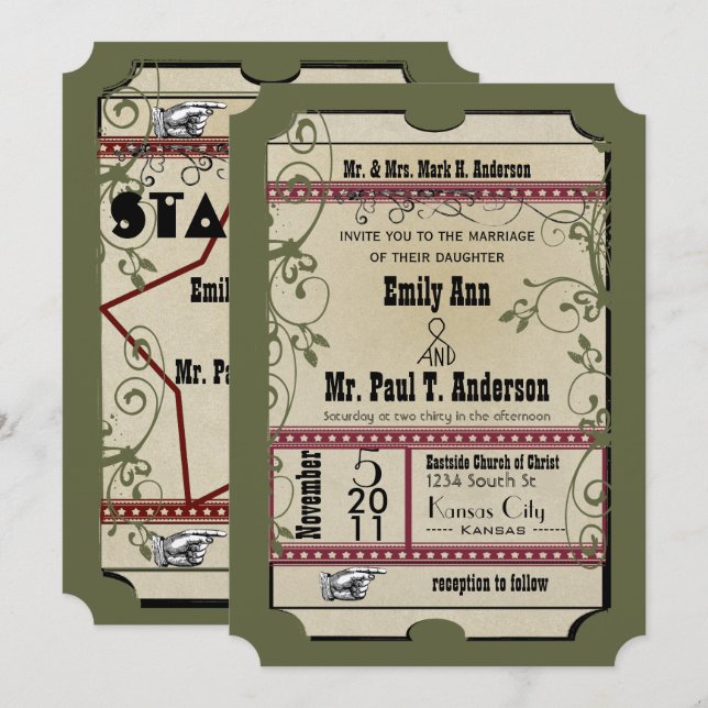 Invitation Bourgogne & Olive Funky Texté Mariage Playbill (Devant / Derrière)