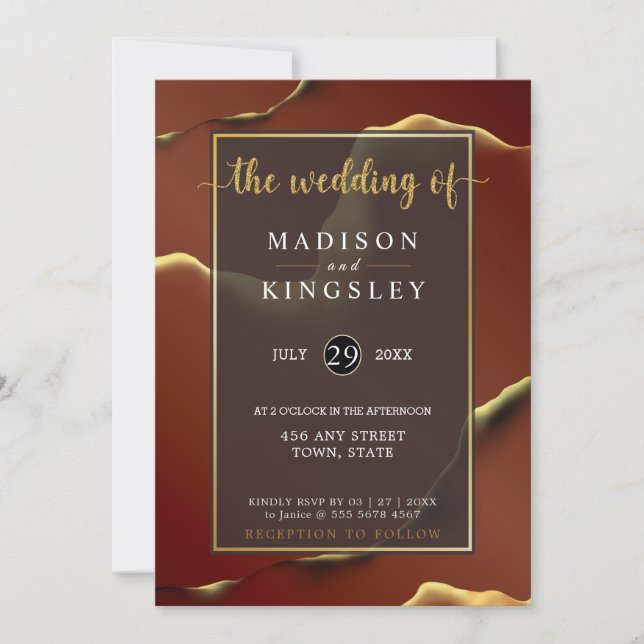 Invitation Bourgogne Or 🌿 Élégant Mariage Abstrait épais (Devant)