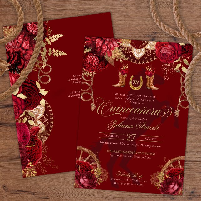 Invitation Bourgogne & Or Floral Elegant Charro Quinceanera (Créateur téléchargé)
