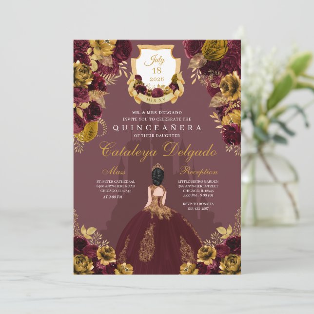 Invitation Bourgogne & Or Floral Elegant Quinceañera (Debout devant)