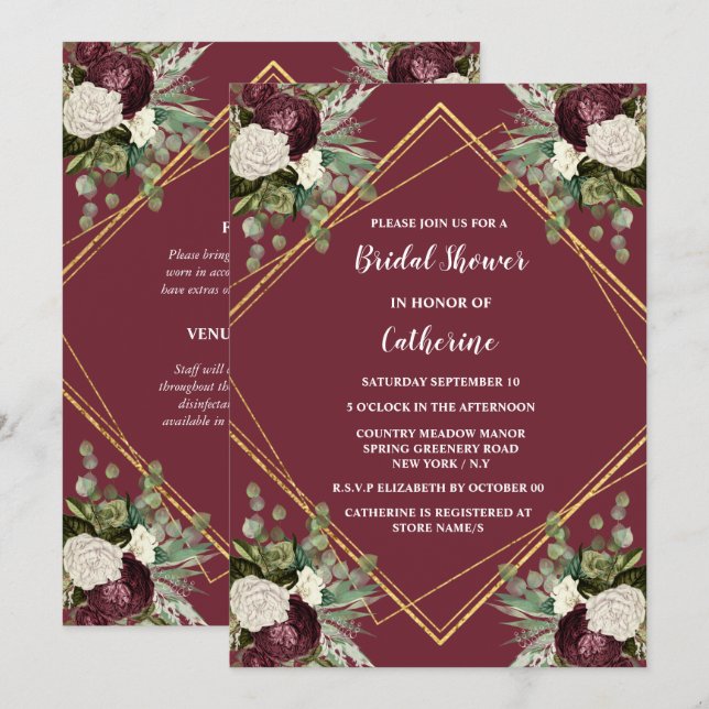 Invitation Bourgogne or rose botanique fleuri (Devant / Derrière)