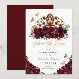 Invitation Bourgogne & Or Tiara Enregistrer La Date Quinceañe