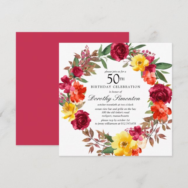 Invitation Bourgogne Orange Jaune Floral 50e anniversaire (Devant / Derrière)