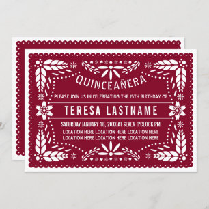 Invitation Bourgogne, papillon blanc picado mexicain Quinceañ