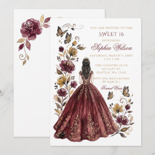 Invitation Bourgogne Papillon Floral Doré Princesse Sweet 16