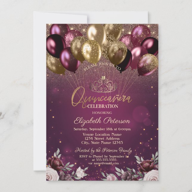 Invitation Bourgogne Parties scintillant Ballons Fleurs Quinc (Devant)