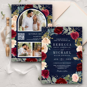 Invitation Bourgogne Pêche Floral Bleu Marine Code QR Mariage