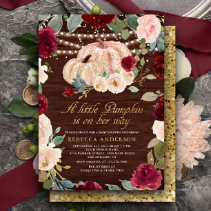 Invitation Bourgogne Pêche Florale Citrouille Baby shower en 