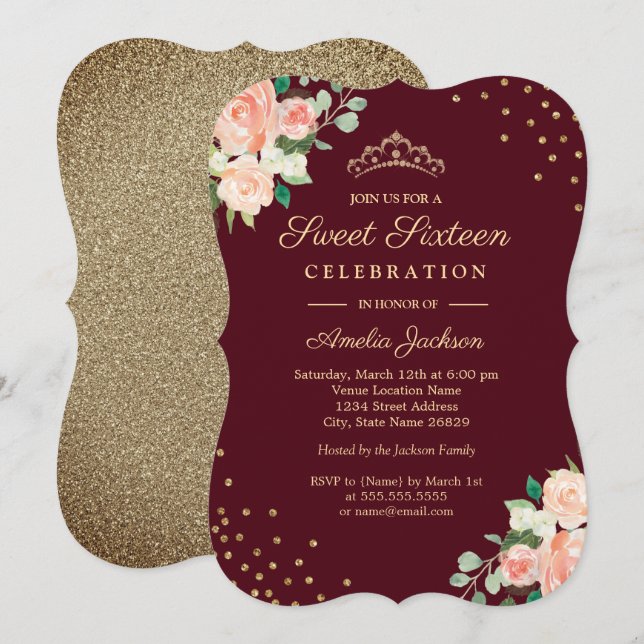 Invitation Bourgogne Péché Or Floral Confettis Douze ans très (Devant / Derrière)