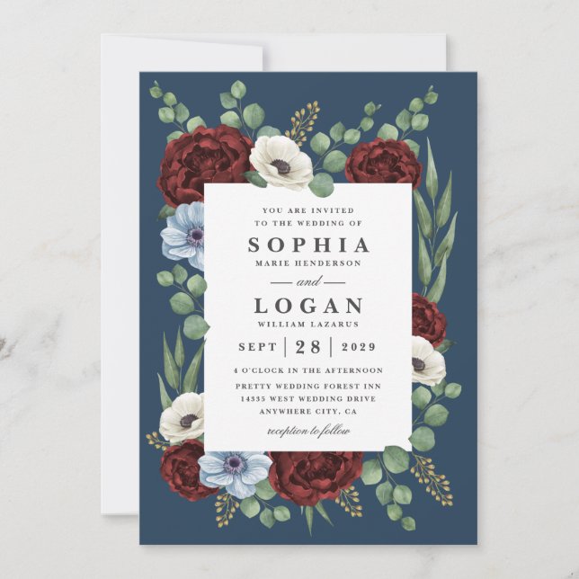 Invitation Bourgogne Peony Dusty Blue Anemone Floral Mariage (Devant)