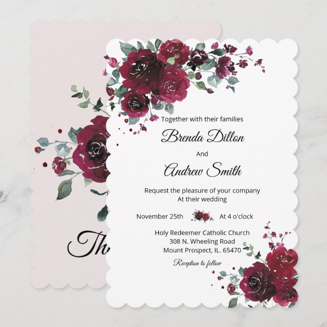 Invitation Bourgogne personnalisée et Mariage noir (Devant / Derrière)