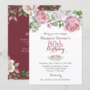 Invitation Bourgogne Pink Country Rose 80e anniversaire Invit