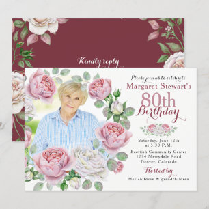 Invitation Bourgogne Pink Country Rose Wreath Photo Anniversa