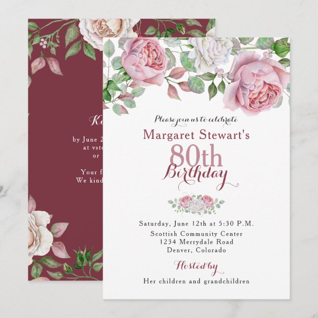 Invitation Bourgogne Pink Pays Rose 80e anniversaire Invitati (Devant / Derrière)