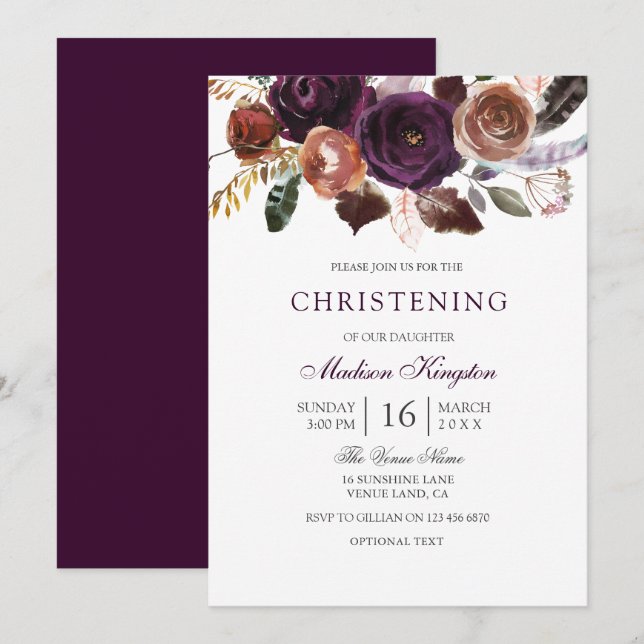Invitation Bourgogne Plum pourpre Floral Baptême Christening (Devant / Derrière)