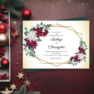Invitation Bourgogne Poinsettias Gold Frame Mariage de Noël