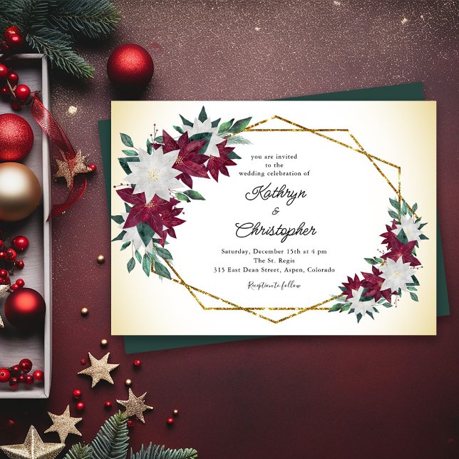 Invitation Bourgogne Poinsettias Gold Frame Mariage de Noël (Créateur téléchargé)