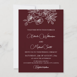 Invitation Bourgogne Profond Floralité en Ligne Art Mariage
