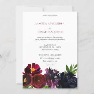Invitation Bourgogne prune marine floral