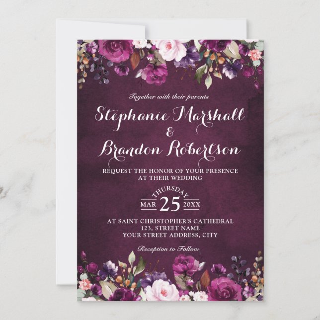Invitation Bourgogne prune pourpre aquarelle floral rustique (Devant)