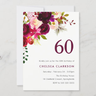 Invitation Bourgogne Red Boho Floral 60e fête d'anniversaire