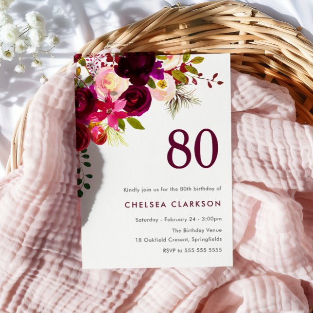 Invitation Bourgogne Red Boho Floral 80e fête d'anniversaire (Créateur téléchargé)