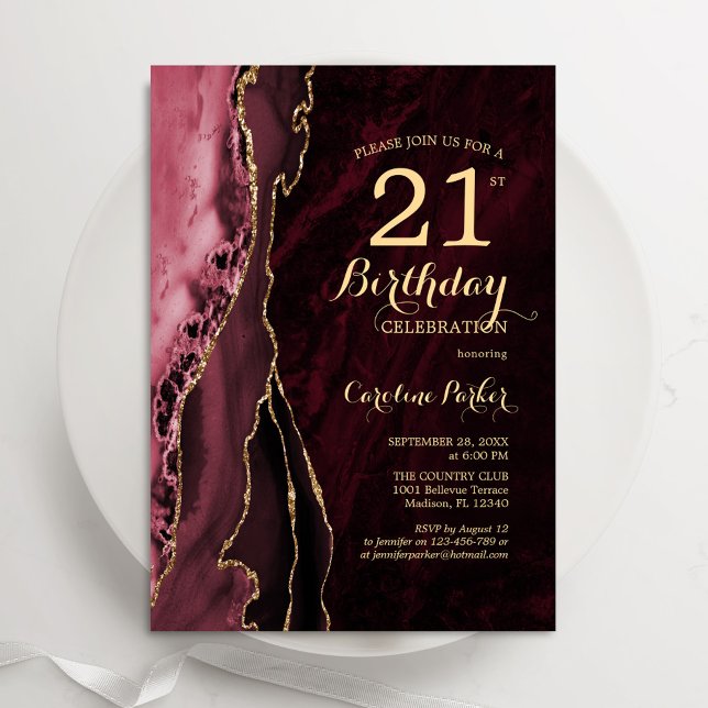 Invitation Bourgogne Red Gold Agate 21e anniversaire (Créateur téléchargé)