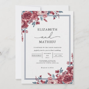 Invitation Bourgogne riche et Mariage Floral bleu Dusty