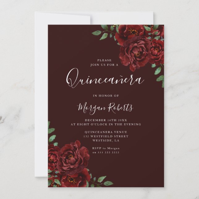 Invitation Bourgogne Romantique Roses Rouges Quinceanera (Devant)