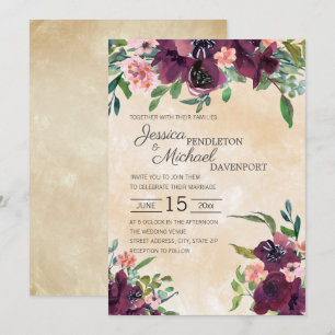 Invitation Bourgogne Rose Aquarelle Floral Vert Sauge Mariage