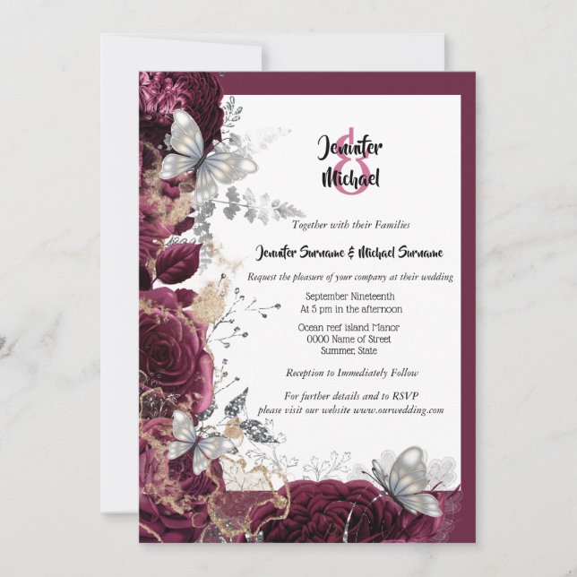 Invitation Bourgogne rose argent papillon or mariage (Devant)