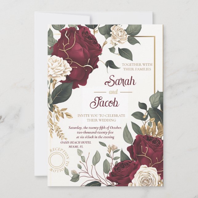 Invitation Bourgogne Rose Blanche Floral Or Élégant Mariage (Devant)