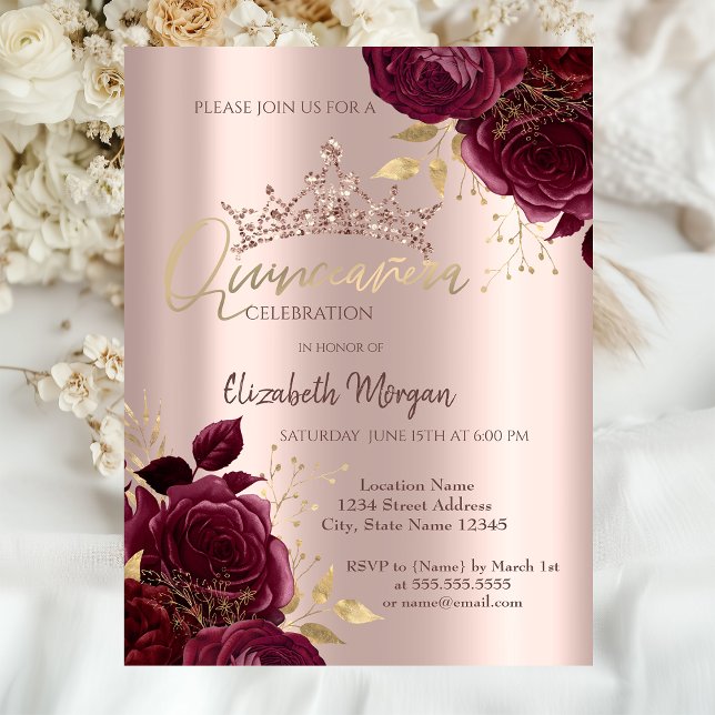 Invitation Bourgogne Rose Chic Rose Gold Quinceañera (Créateur téléchargé)
