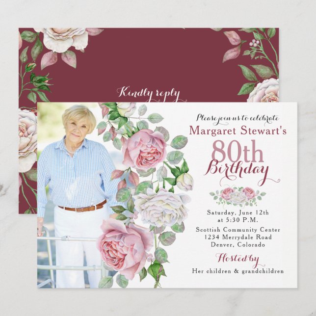 Invitation Bourgogne Rose du pays rose Photo 80e anniversaire (Devant / Derrière)