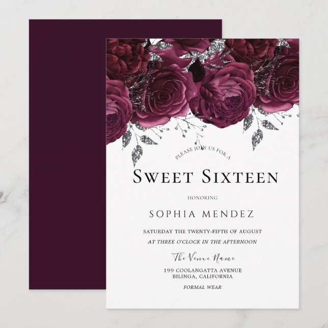 Invitation Bourgogne Rose Élégant Sweet 16 Party (Devant / Derrière)