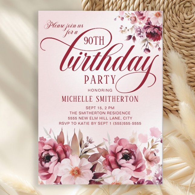 Invitation Bourgogne rose féminine 90e anniversaire (Burgundy and pink watercolor floral 90th birthday party invitation)