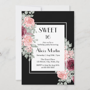 Invitation Bourgogne Rose Fleur Douce 16 Noir Anniversaire