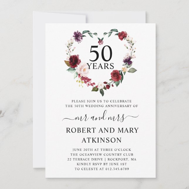 Invitation Bourgogne rose Floral 50e anniversaire Mariage Inv (Devant)