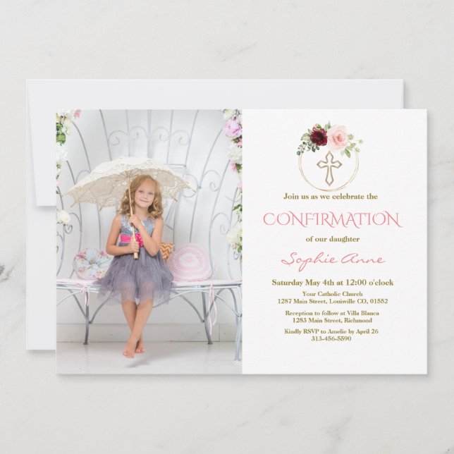 Invitation Bourgogne Rose Floral Cross Girl Photo Confirmatio (Devant)
