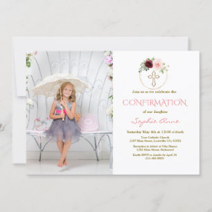 Invitation Bourgogne Rose Floral Cross Girl Photo Confirmatio