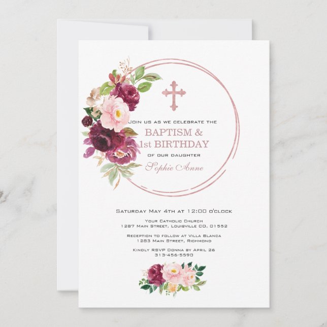 Invitation Bourgogne Rose Floral Or 1er Anniversaire & Baptêm (Devant)