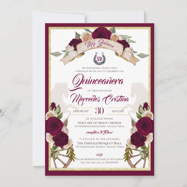 Invitation Bourgogne Rose Floral Ouest Charro Quinceanera (Devant)